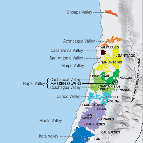 Map of Chile showing the Cachapoal and Colchagua Valleys, highlighting the terroir of the Massenez Family Wine Estate.