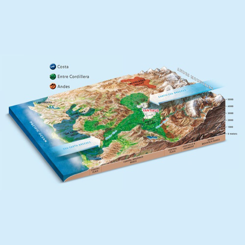 3D map showing the terroir and climate influences of the Andes, coastal, and central valley regions on Massenez Family Wine Estate in Chile.