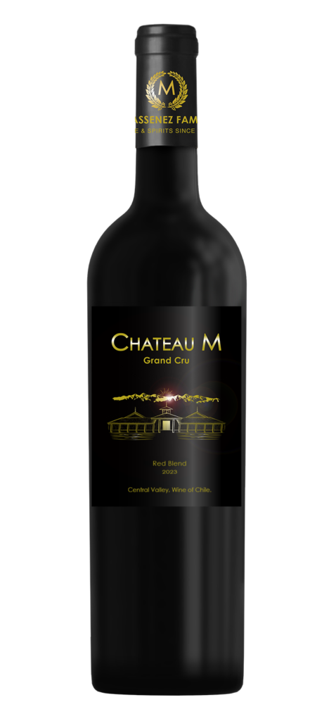 CHATEAU M Grand Cru Red Blend 2023 bottle with Black Label, showcasing the premium craftsmanship of the MASSENEZ FAMILY BOUTIQUE WINE ESTATE.